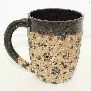 Dog Lovers Mug Dark Brown Tan Paw Print Bones Handmade Pottery Stoneware Mug Cup
